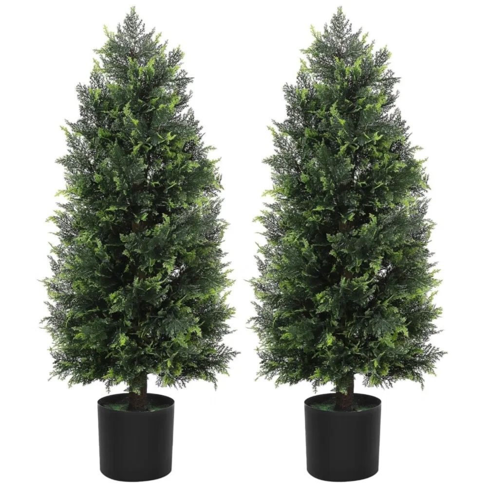 2 Pcs Artificial Topiary Cedar Tree, Fake Green Shrub Plant Faux Cedar Pine Tree Potted Decor | Walmart (US)