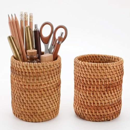 Okllen 2 Pack Rattan Pencil Holder, Handmade Wicker Pen Cup Makeup Brushes Holder, Woven Vine Desk Organizer Pen Container Box for Office & Home Desktop, Kitchen Utensil Cutlery, Cylinder | Amazon (US)