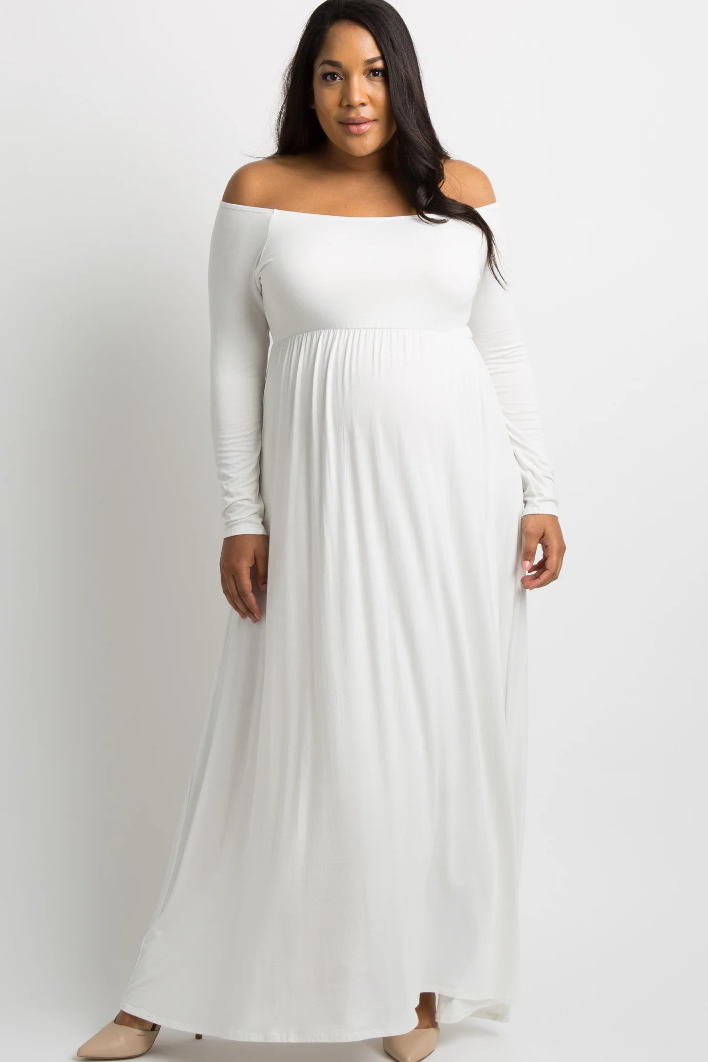 PinkBlush Ivory Solid Off Shoulder Plus Maternity Maxi Dress | PinkBlush Maternity
