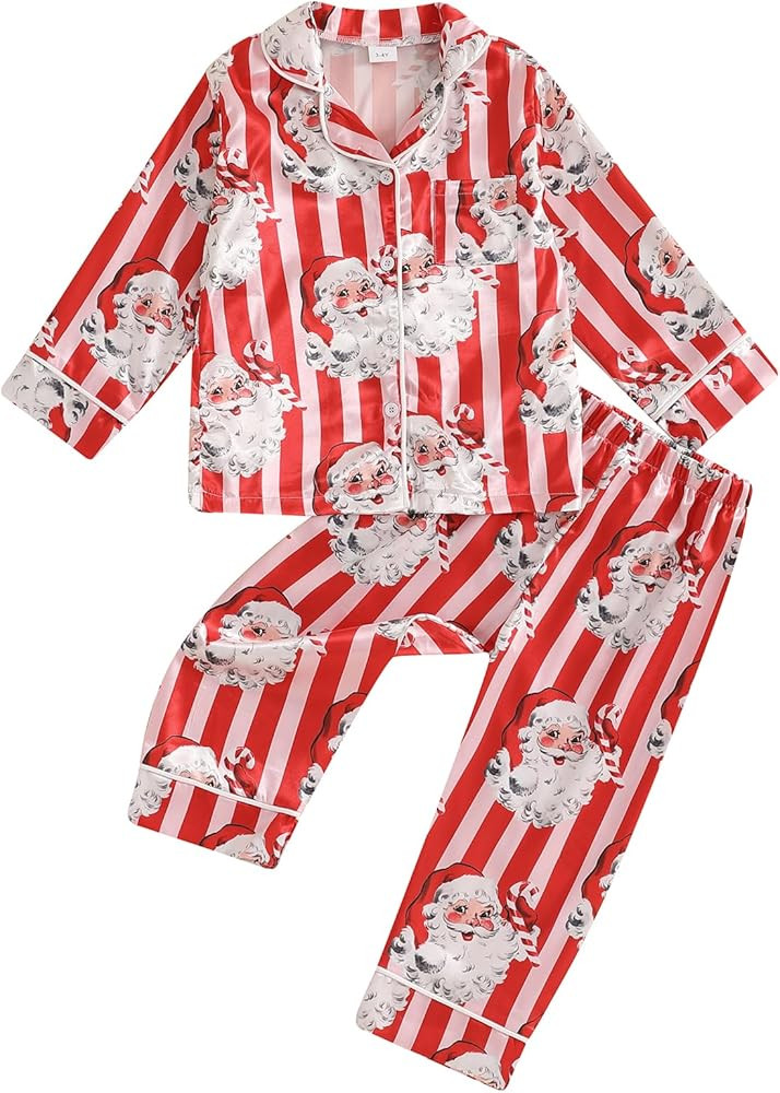 fyclemt Toddler Baby Girl Boy Christmas Silk Satin Pajamas Santa Button Pjs Kids Long Sleeve Shir... | Amazon (US)