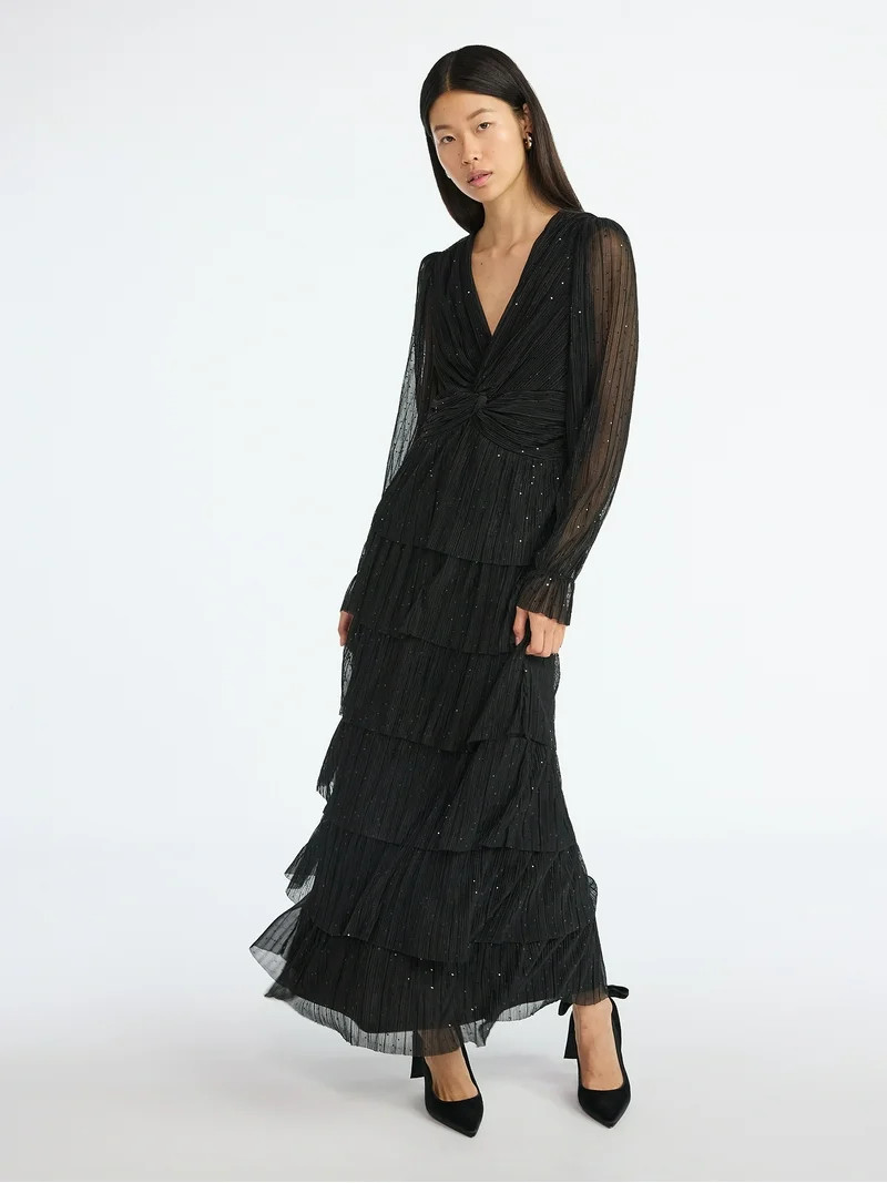 Scoop Women's and Women's Plus Glitter Ruffle Maxi Dress, Sizes XS-4X | Walmart (US)