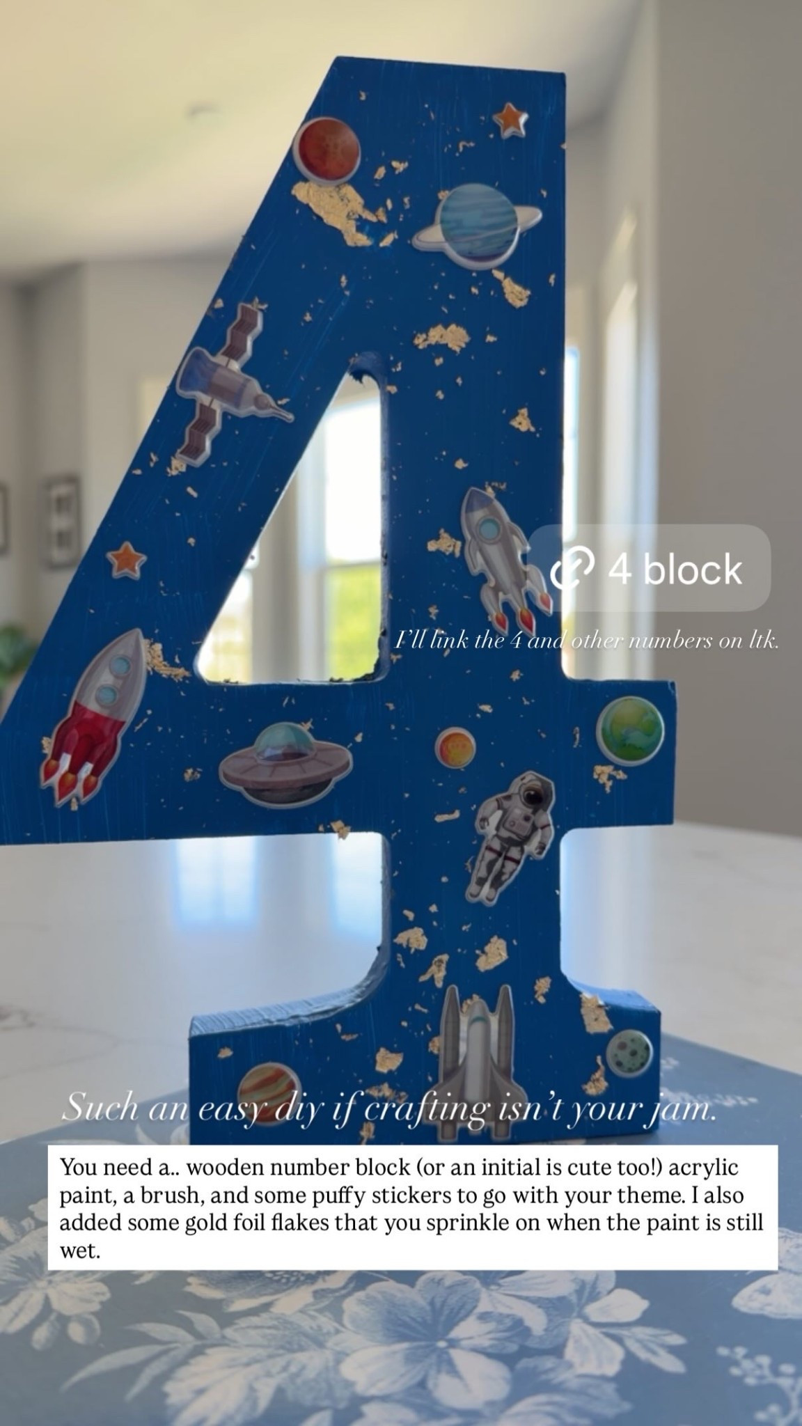 You need a wooden number block (or an initial is cute too!) acrylic paint, a brush, and some puffy stickers to go with your theme. I also added some gold foil flakes that you sprinkle on when the paint is still wet.  Such an easy diy if crafting isn’t your jam.

#LTKmomlife #LTKKids #LTKstorytime