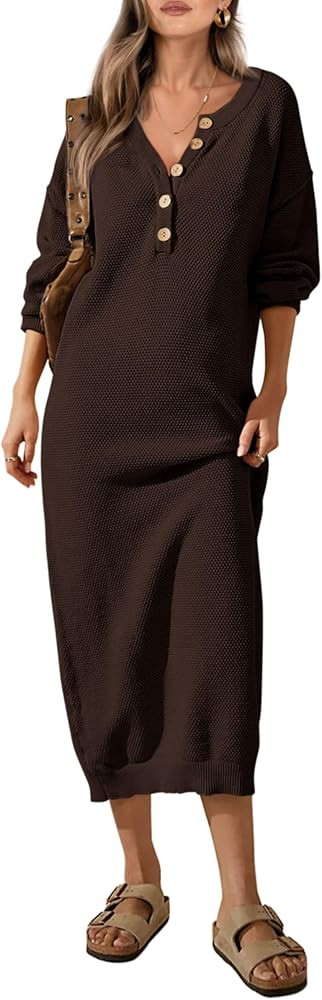PRETTYGARDEN Women's 2024 Fall Knit Sweater Dress Long Sleeve Button V Neck Loose Casual Maxi Dre... | Amazon (US)