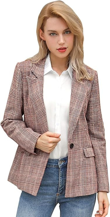 Allegra K Women's Notched Lapel One Button Boyfriend Blazer Suit Houndstooth Work Office Blazers ... | Amazon (US)