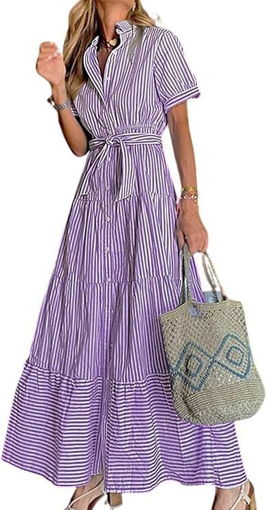 utcoco Womens Casual Short Sleeve Button Down Tie Waist Ruffled Striped Maxi Shirt Dress | Amazon (US)