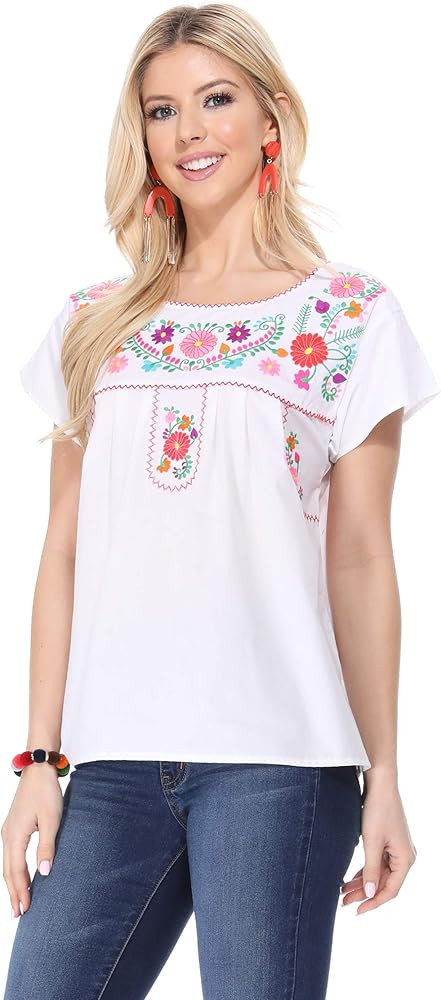 unik Women Traditional Puebla Mexican Embroidered Blouse Size S-3XL | Amazon (US)