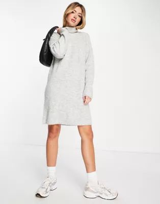 Pieces high neck knitted mini dress in light gray | ASOS (Global)