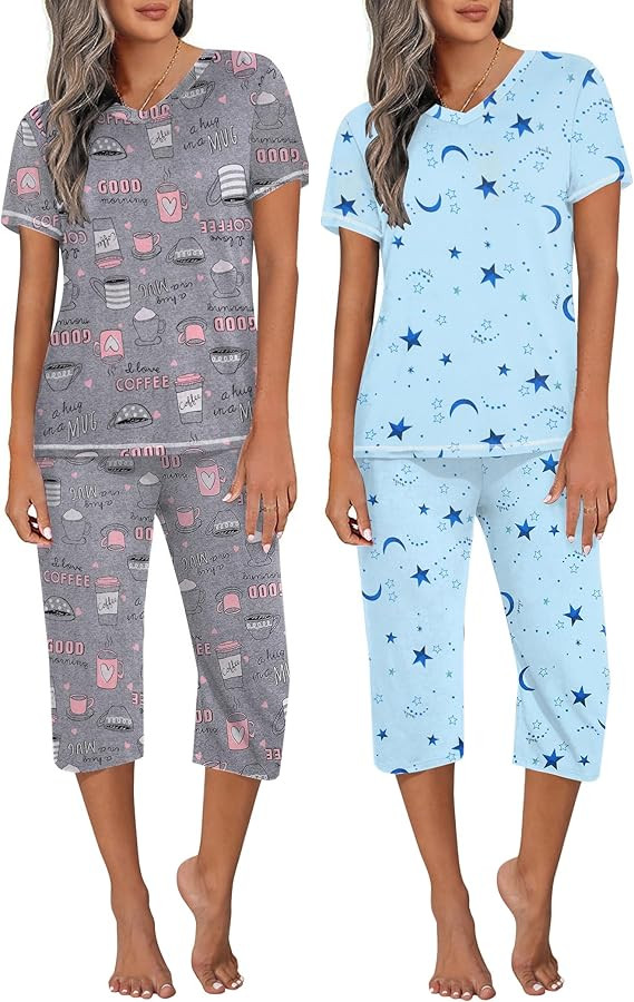 Ekouaer 2 Pack Women's Capri Pajama Sets Short Sleeve Two-Piece Pjs V Neck Tops & Pants Printed L... | Amazon (US)