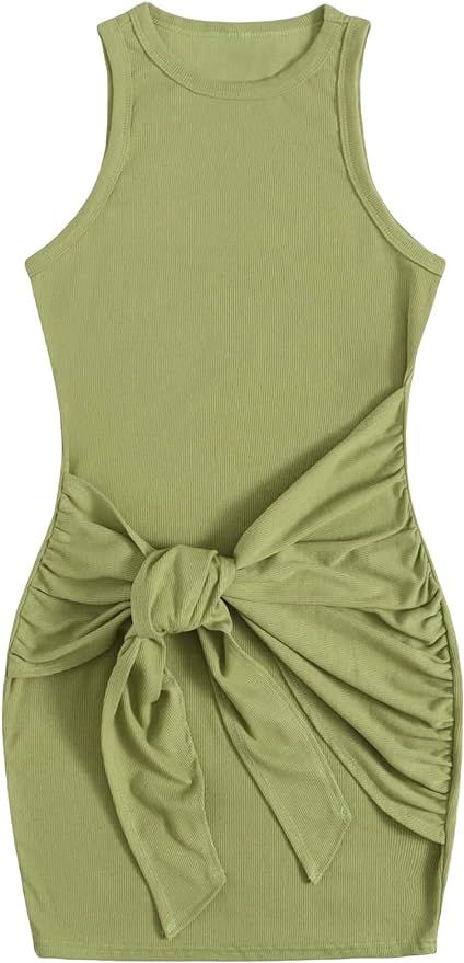 Romwe Women's Rib Knit Sleeveless Ruched Tie Front Belted Solid Bodycon Mini Short Dress | Amazon (US)