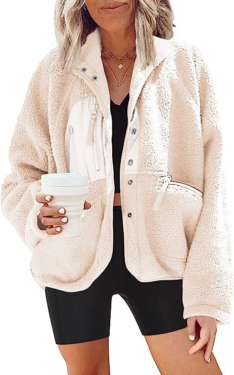 Nirovien Womens Fuzzy Fleece Jacket Button Down Shacket Casual Sherpa Coats Warm Outwear With Poc... | Amazon (US)