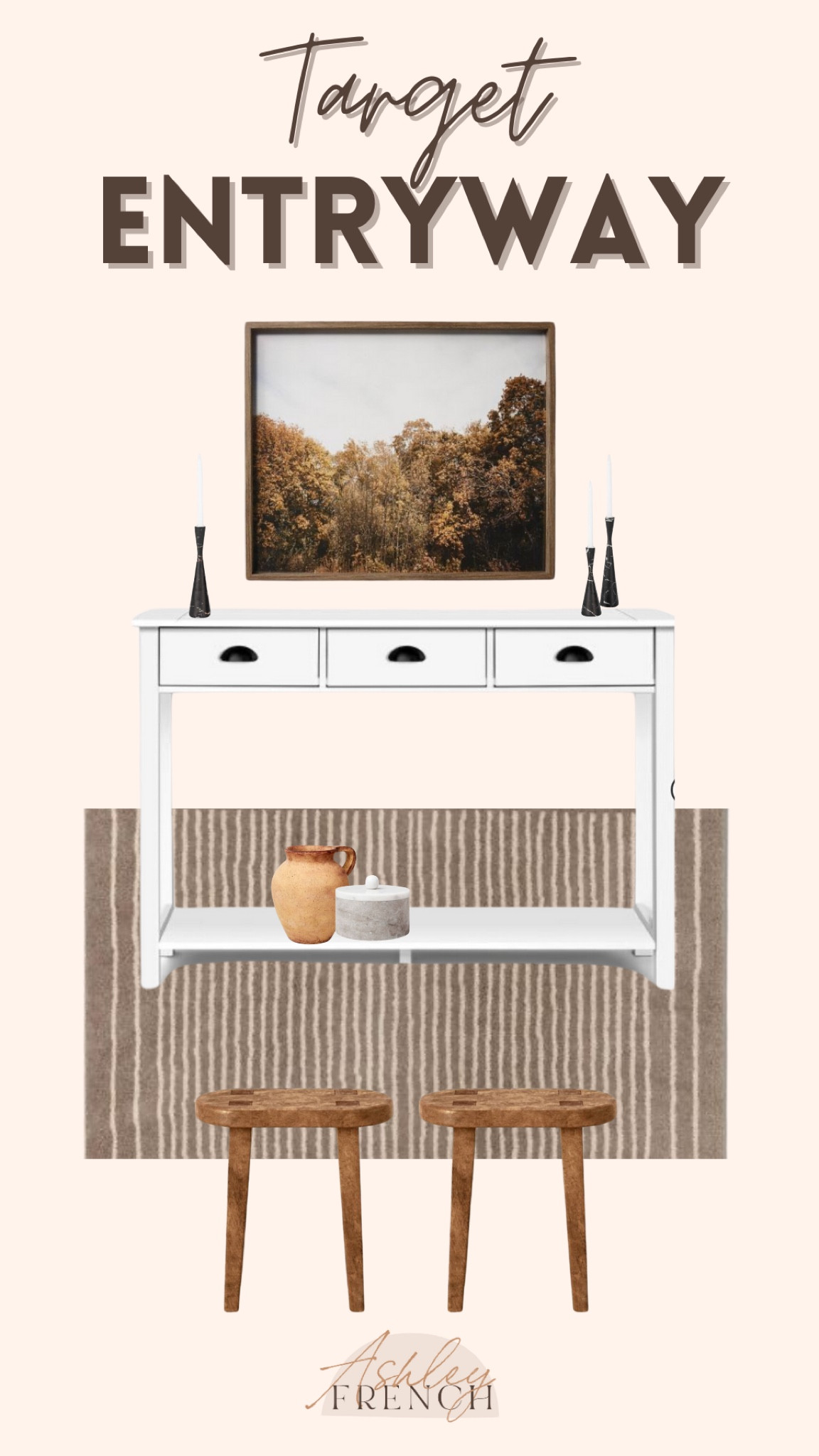 Vintage meets modern entryway styling from Target!

White wood, vintage landscape wall art, wood stools , cozy rug 

#LTKFindsUnder100 #LTKStyleTip #LTKHome