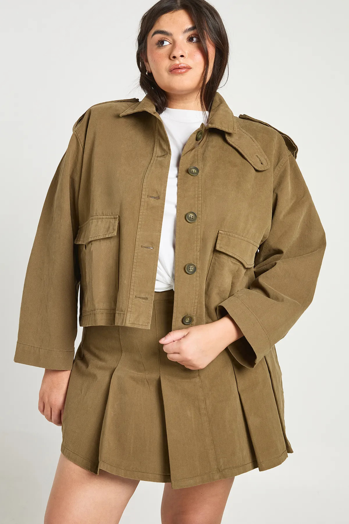 Tops | Plus Funnel Neck Twill Utility Shacket | boohoo | boohoo (US & Canada)