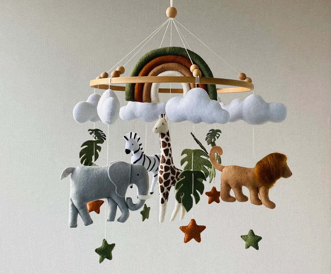 Safari nursery mobile with Rainbow , realistic felt animals lion, giraffe, zebra, elephant, Crib ... | Etsy (US)