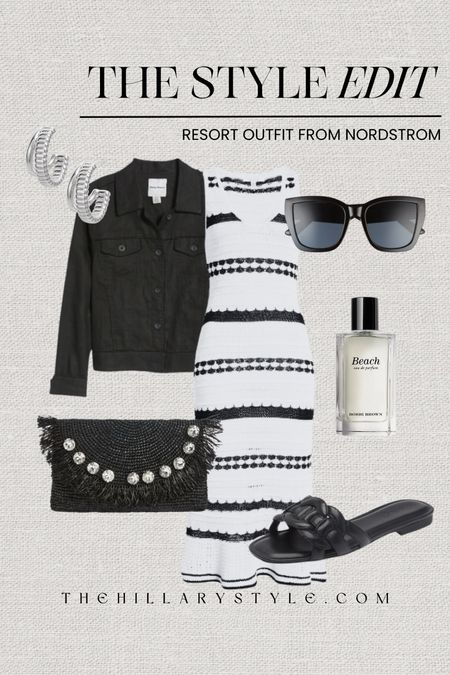 The Style Edit: Resort Outfit from Nordstrom. Vacation outfit, knit dress, resort dress, black and white dress, sweater dress, black denim jacket, black sandals, straw handbag, black clutch, silver hoop earrings, black sunglasses,’m perfume. Zoe and Claire, Tommy Bahama, btb Los Angleles, Kendra Scott, AIRE, Bobbi Brown.

#LTKstyletip #LTKSeasonal #LTKtravel