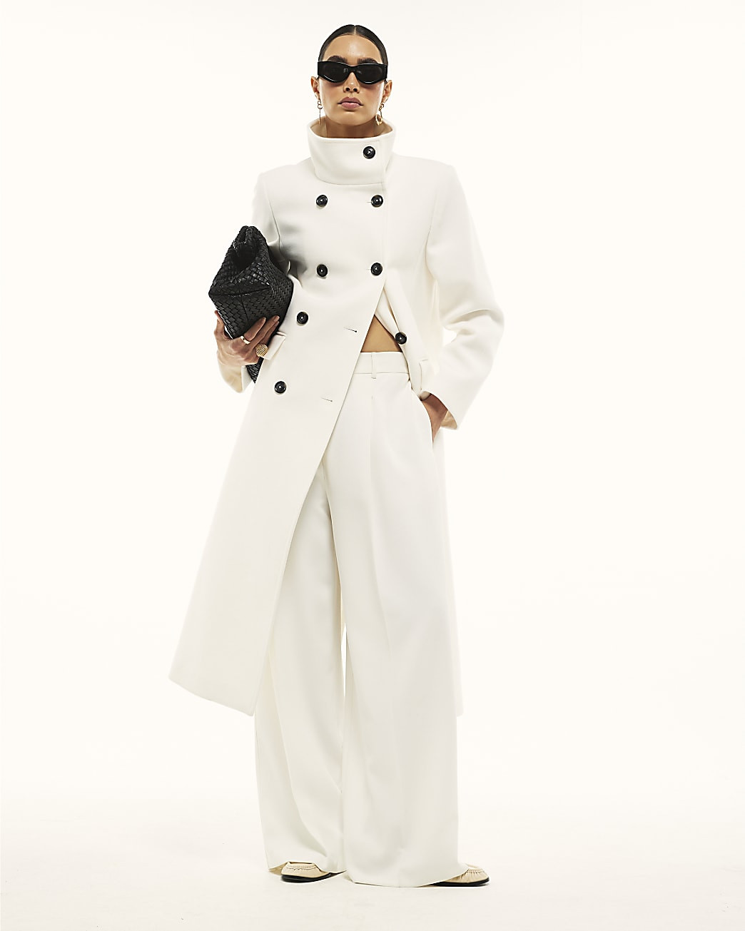 Cream Double Breasted Funnel Neck Coat | River Island UK & IE