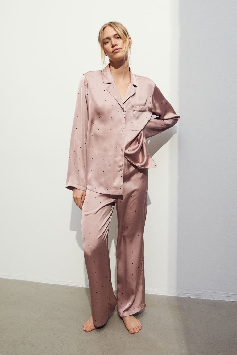 Pyjama en satin avec chemise et pantalon - Rose/pois - FEMME | H&M FR | H&M (FR, IT, ES, PT, BE)