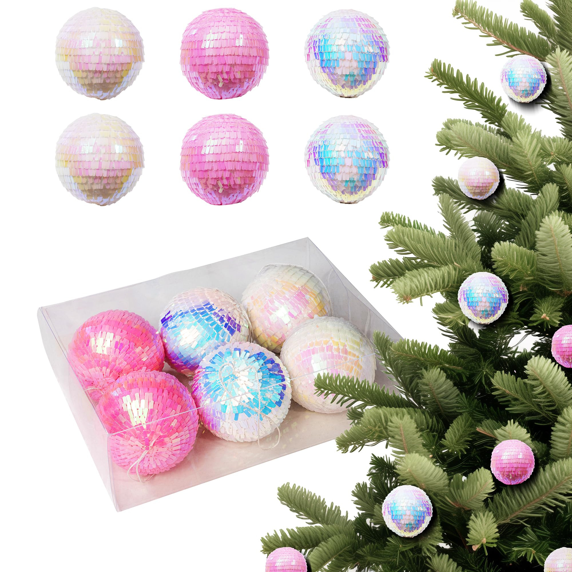 3" Christmas Balls Ornaments Iridecent Pastel Set of 6, Xmas Tree Toppers Hanging Picks Decor, Pa... | Amazon (US)