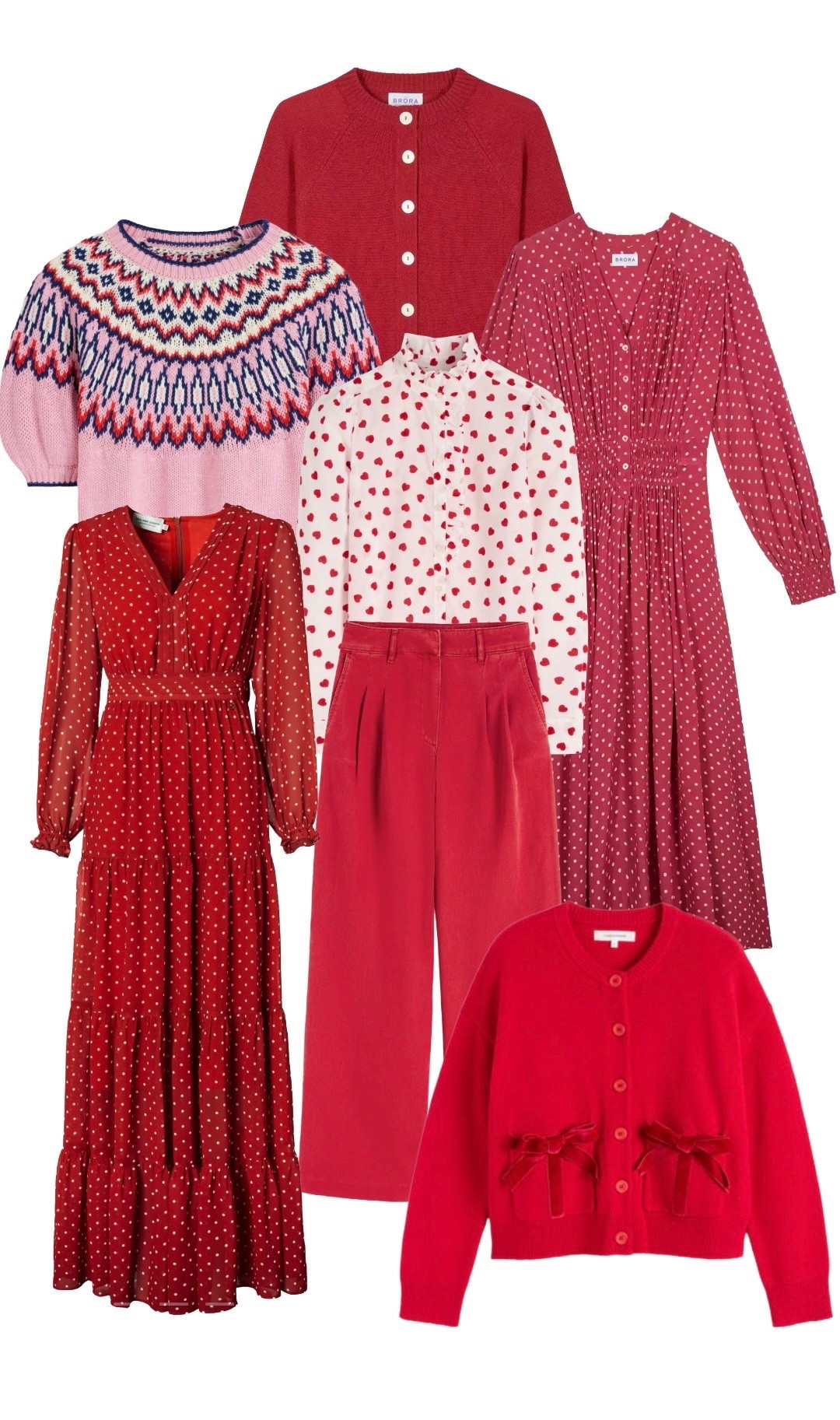 Valentine’s Styles to Swoon Over ❤️ Some new season, but plenty of pieces on SALE! I’ve also added the perfect accessories including jewellery + red shoes and bags - see full product list 💋 💋 💋 

Pink Short Sleeve Fair Isle Knit, Ivory & Red Heart Ruffle Blouse, Wide Leg Red Trousers - all new in at Boden

Red Polka Dot Maxi Dress (bottom left) - on sale at Holland and Cooper 

Red Cardigan and Red Polka Dot Silk Dress (top right) on sale - Brora at John Lewis 

Red Velvet Bow Pocket Cardigan - on sale - Chinti and Parker


#LTKdatenight #LTKeurope #LTKsale