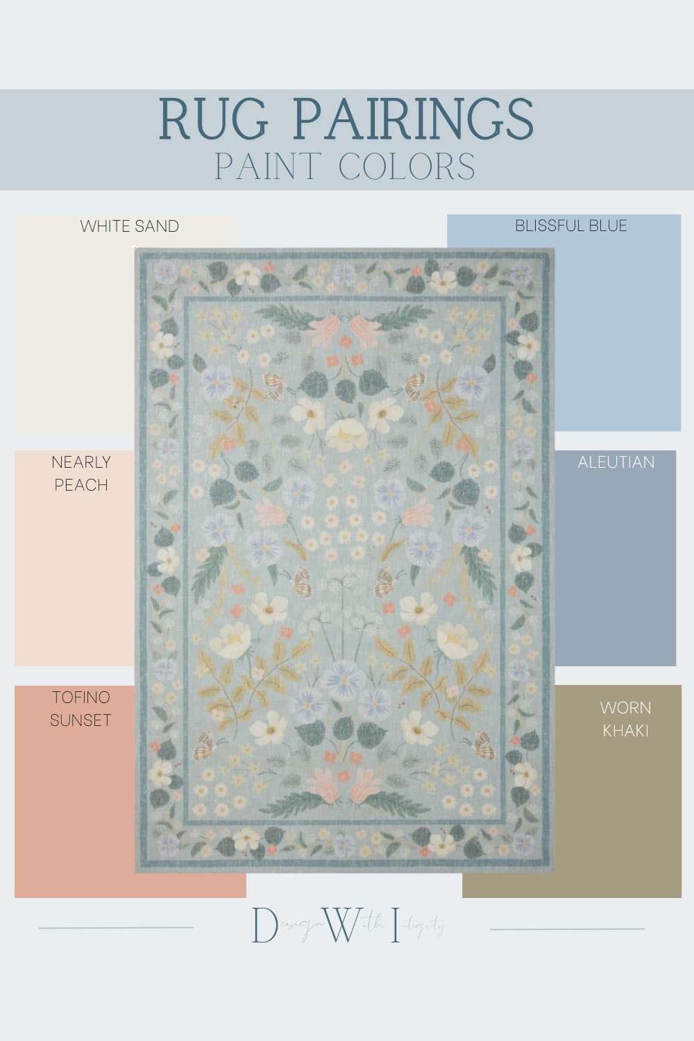 This soft blue floral area rug creates a calm, collected foundation with its delicate botanical pattern and gently faded texture. Hints of peach, ivory, and muted khaki add warmth while maintaining an airy, relaxed feel. White Sand brightens the palette and enhances the rug’s light background, while Blissful Blue and Aleutian echo the cool undertones for seamless color balance. Nearly Peach and Tofino Sunset pull from the floral accents to soften the space, and Worn Khaki grounds the look with subtle depth. This curated rug and paint color pairing is designed to feel cohesive, timeless, and effortlessly layered. Shop the full pairing to bring this elevated look home.

#interiordesign
#arearuginspiration
#paintcolorpalette
#coastalinteriors
#layeredhome 

 #LTKHome