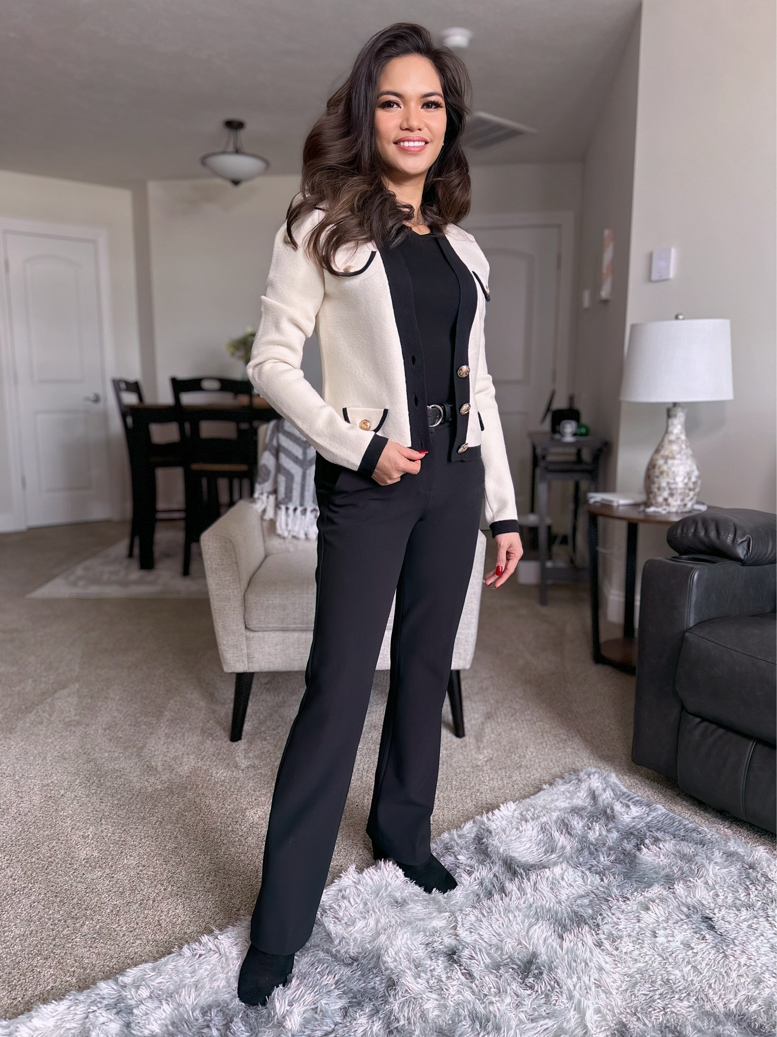 Classy yet quite comfortable Winter work outfit from Express that you can wear all day long! 
Tipped Novelty button sweater jacket is size XS.  Fit is TTS, other than I wish the sleeves were about an inch shorter. Supersoft fitted double layer crew neck tee underneath.  Wearing size XS.  Also TTS.  And the pants are the Editor mid rise Bootcut pant.  I’m wearing size 0 short, and the fit is perfect! #Express

#LTKworkwear #LTKsalealert #LTKSeasonal