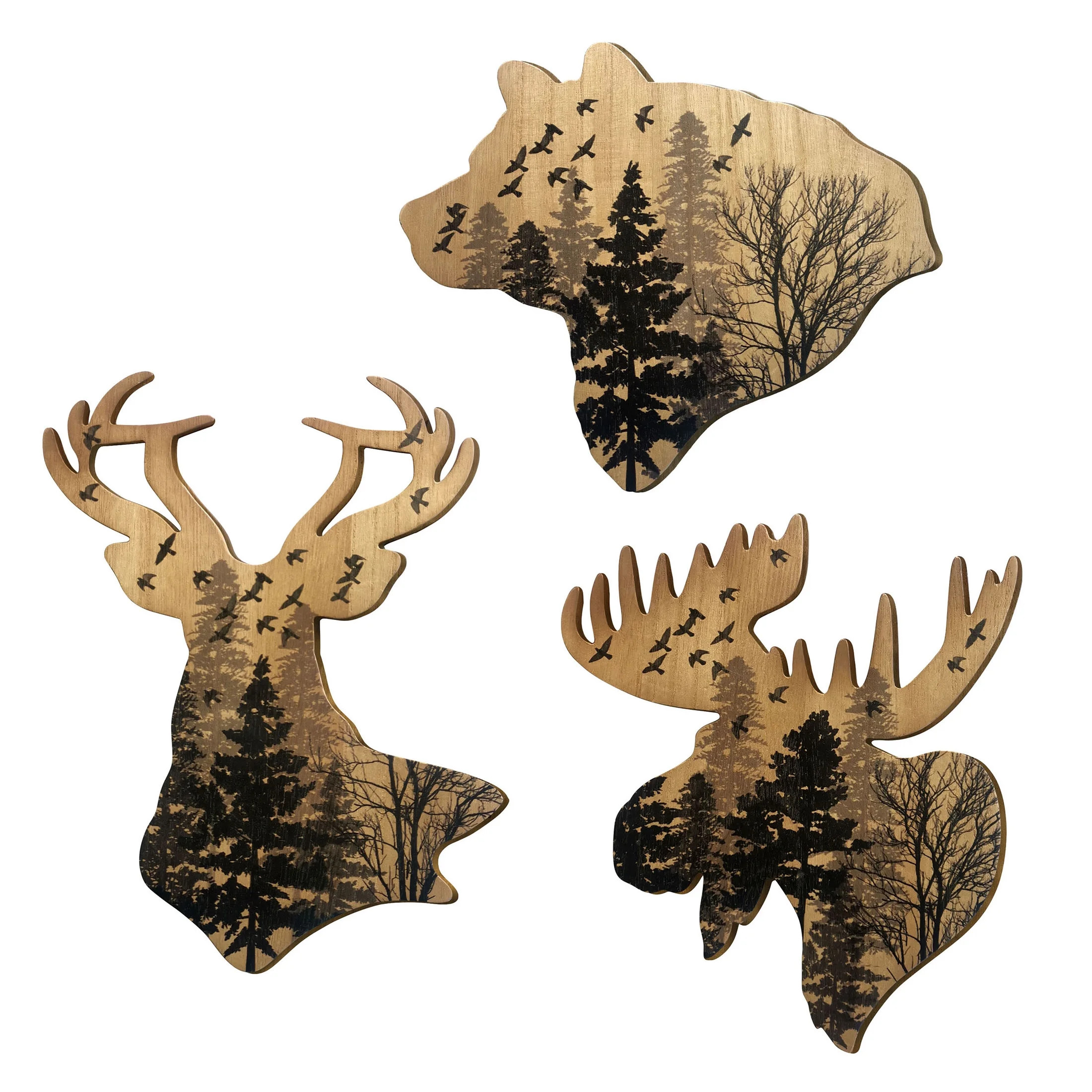 WAIU Wildlife Wooden Head Wall Hanging Woodland Wall Decor Set of 3 | Walmart (US)