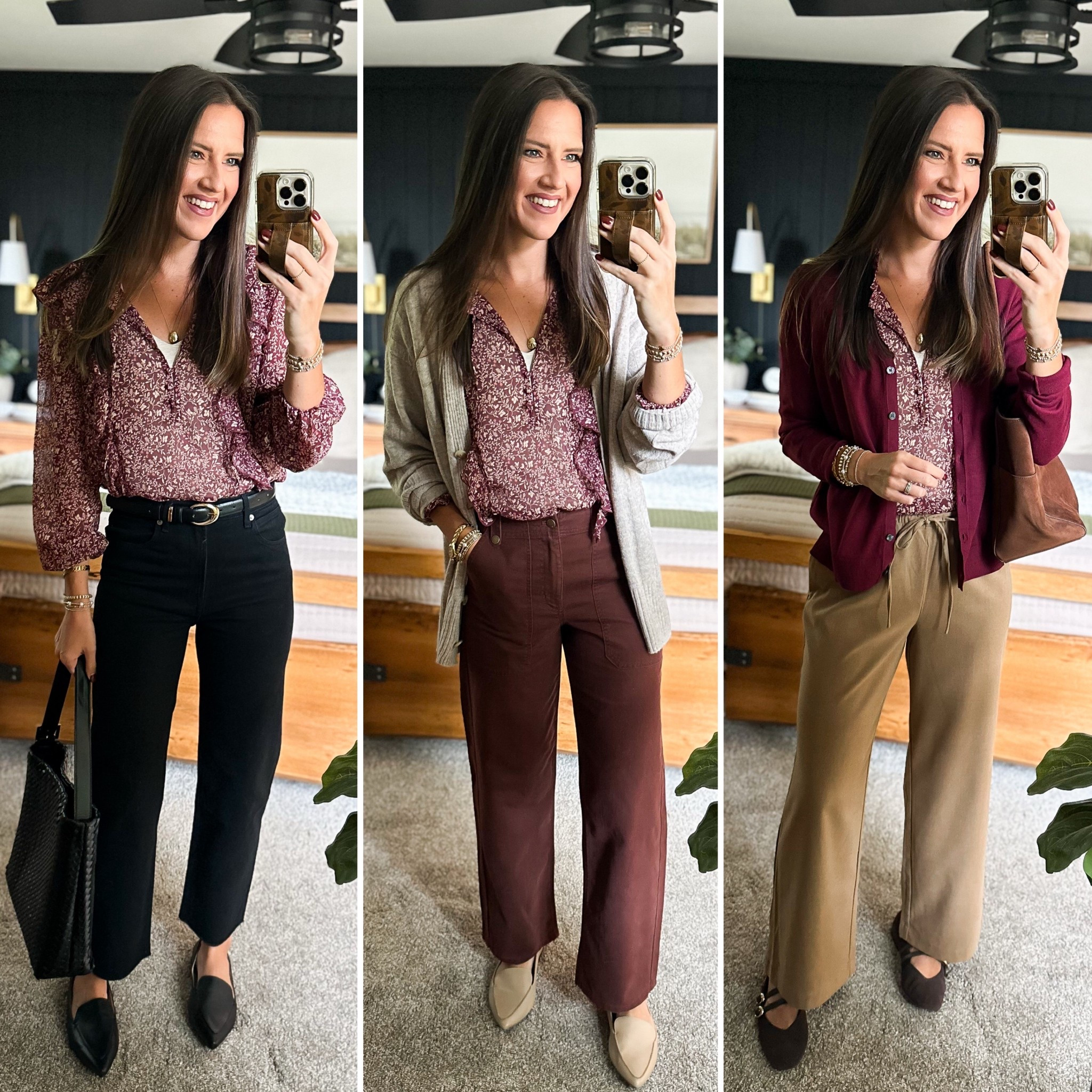 Fall Capsule Wardrobe - Burgundy Floral Blouse (wearing a small) 