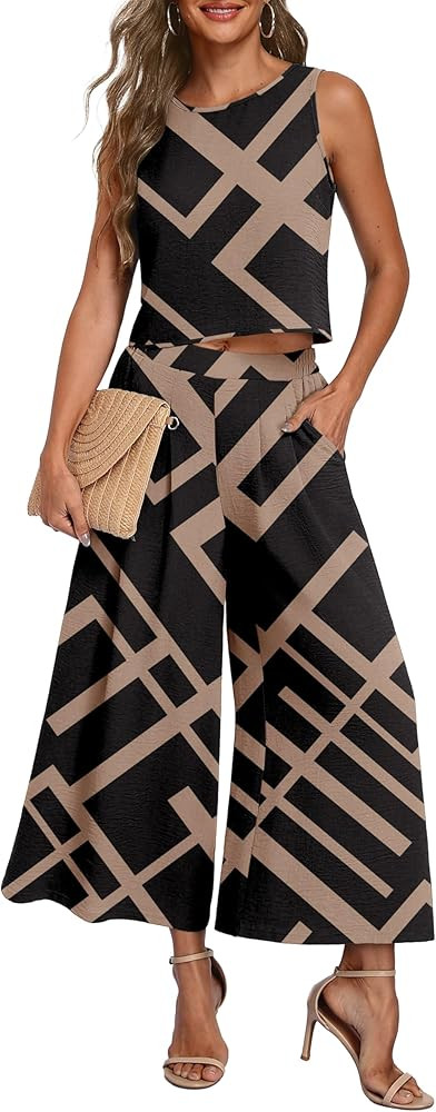 Lepunuo Womens Summer 2 Piece Outfits Sleeveless Crop Top Flowy Wide Leg Pants Matching Sets Vaca... | Amazon (US)