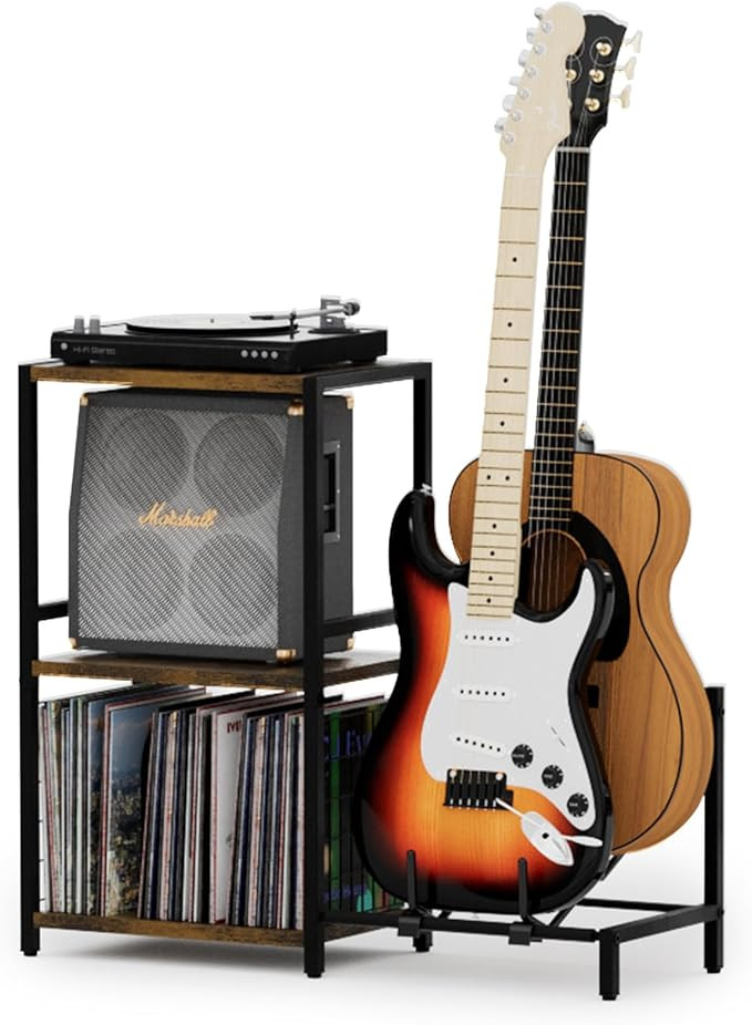 End Table with Guitar Stand,Record Player Stand,Vinyl Records Storage,2-Tier Guitar Stand for Aco... | Amazon (US)