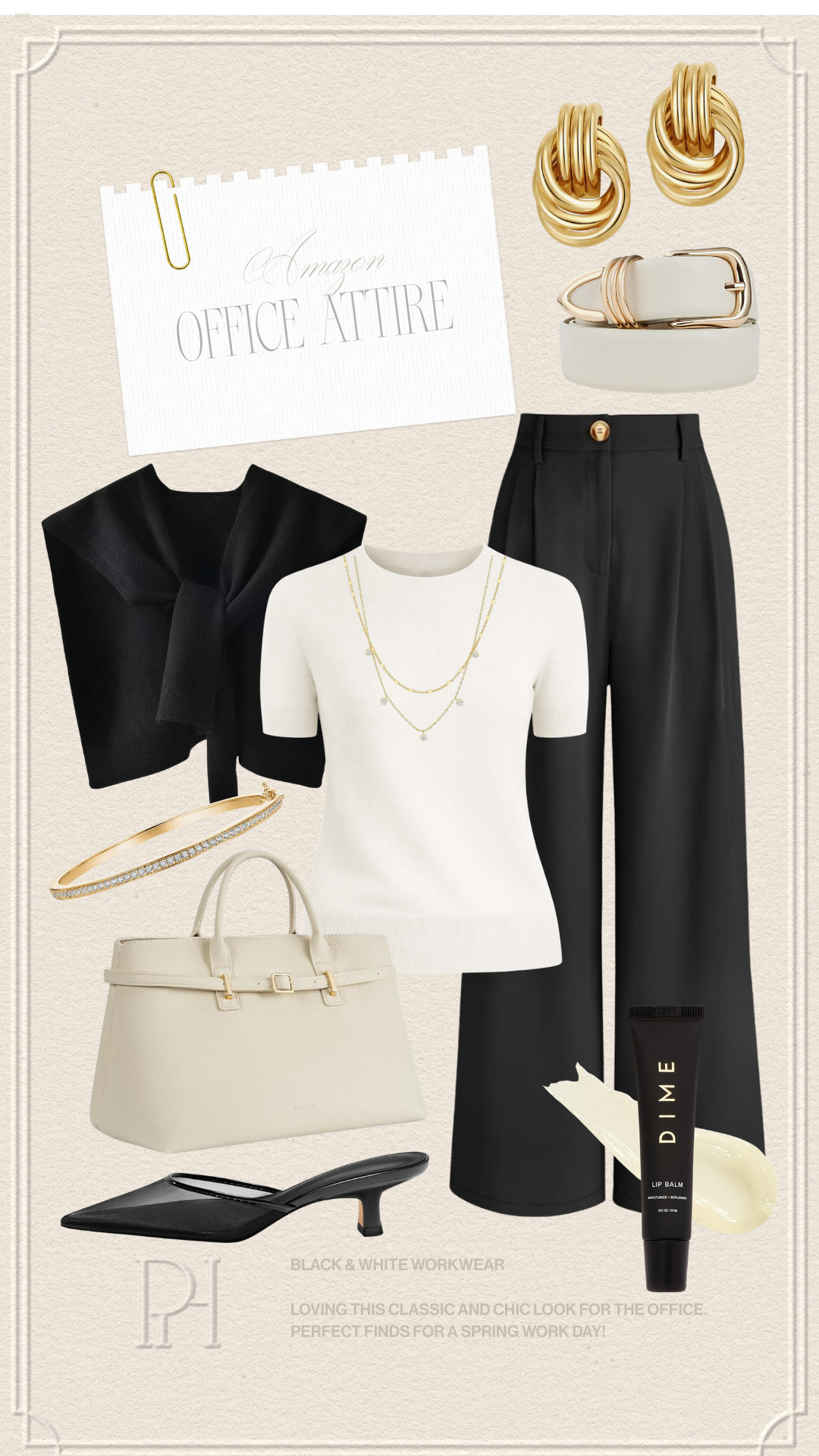 Amazon office attire I'm loving!

black and white look, black pants, black trousers, white knit top, knit tee, over-the-shoulders sweater, black sweater, white handbag, ivory purse, tennis bracelet, black kitten heels, sheer heels, pointed toe heels, lip balm, lip gloss, gold earrings, knot earrings, white belt, layered necklaces 

 #LTKdayinmylife #LTKootd #LTKWorkwear