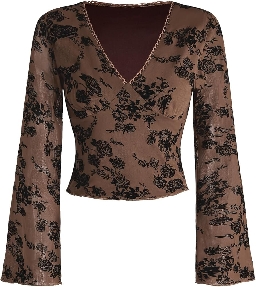 Floerns Women's Floral Print Flare Sleeve Lace Trim Mesh Crop Top Tee Shirts | Amazon (US)