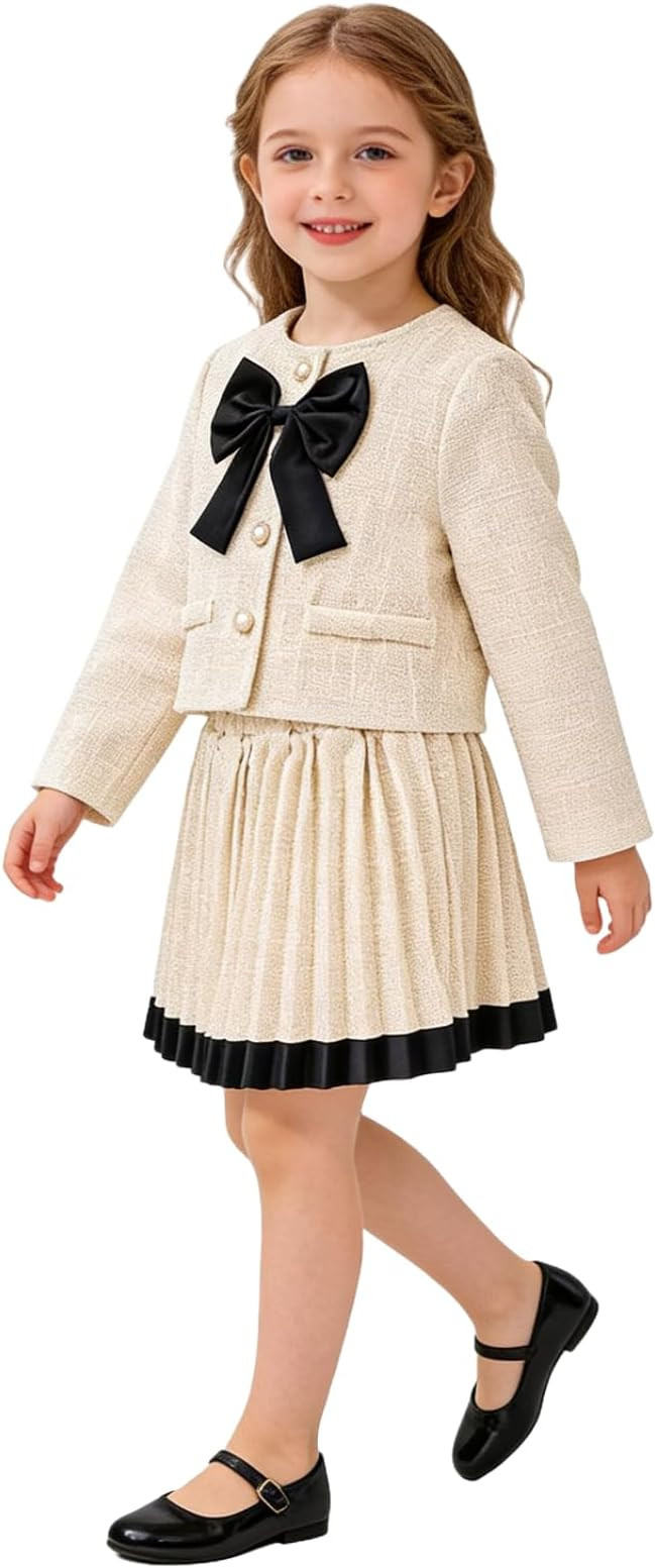 Toddler Girl Tweed 2-Piece Set – Long Sleeve Blazer-Style Jacket and Pleated Skirt for Parties ... | Amazon (US)