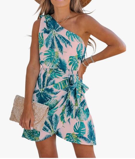 One shoulder tropical print wrap dress, vacation dress 

#LTKFindsUnder50 #LTKSeasonal #LTKFindsUnder100
