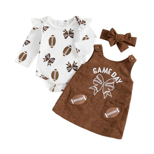 My First Game Day Baby Girl Outfit Football Ruffle Long Sleeve Romper Overall Dress Headband Cute Fall Clothes (Bowknot Rugby-Brown, 6-12 Months) | Amazon (US)