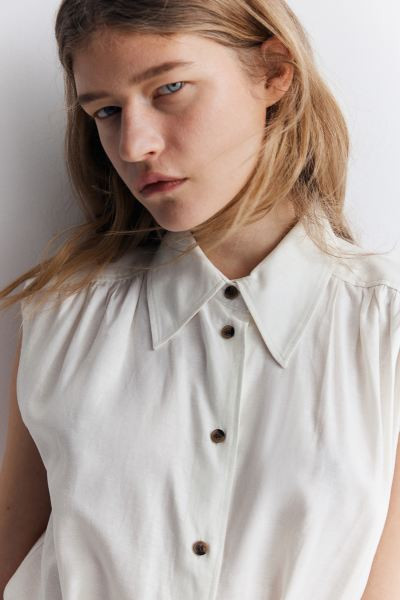 Linen-blend Shirt Dress - Sleeveless - Short - White - Ladies | H&M US | H&M (US + CA)