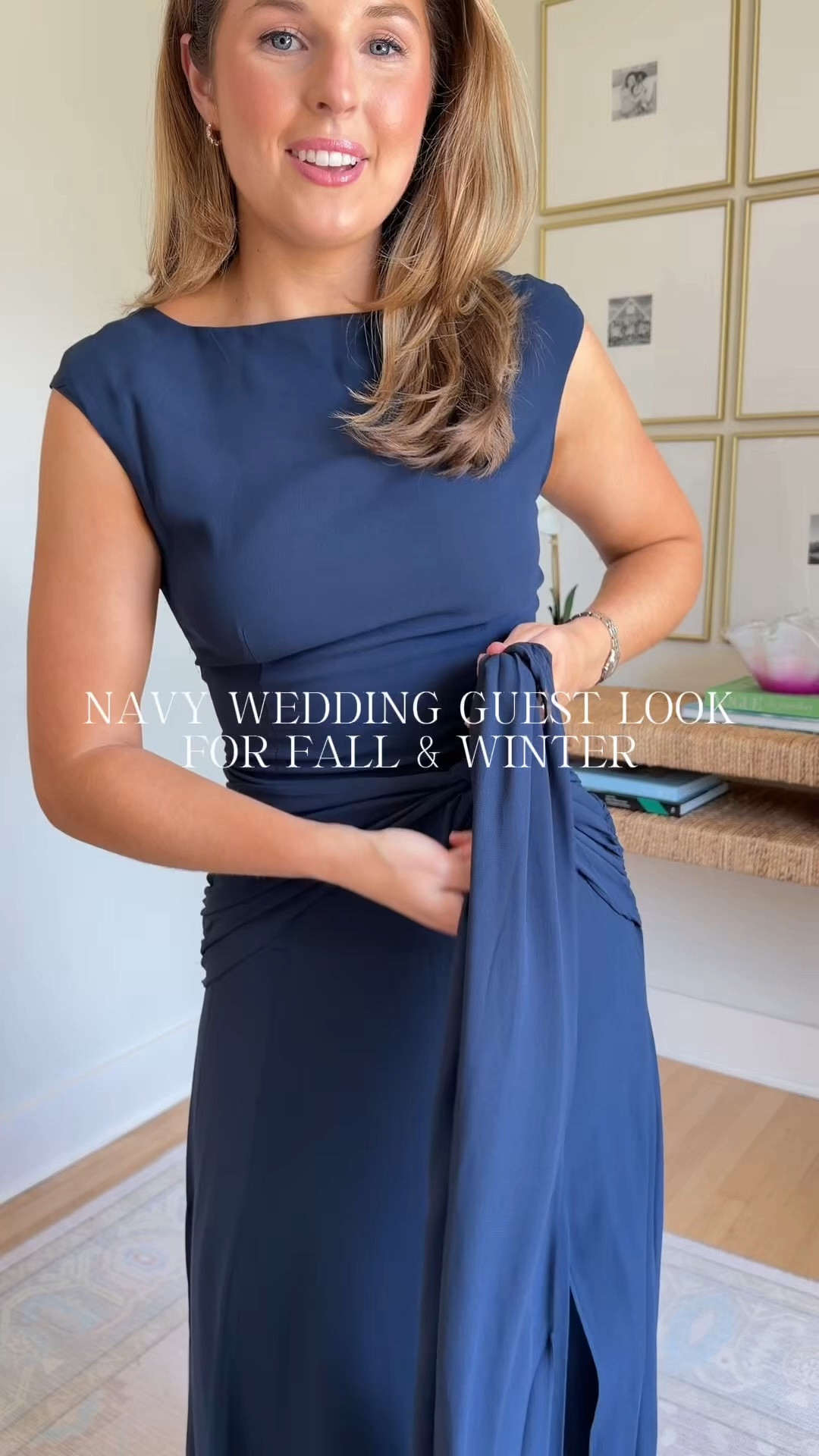 Navy wedding guest look for fall & winter! Wearing a 2