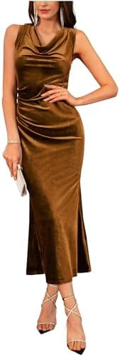 GRACE KARIN Womens Cowl Neck Long Formal Dresses Fall Velvet Sleeveless Maxi Bodycon Dress Ruched... | Amazon (US)