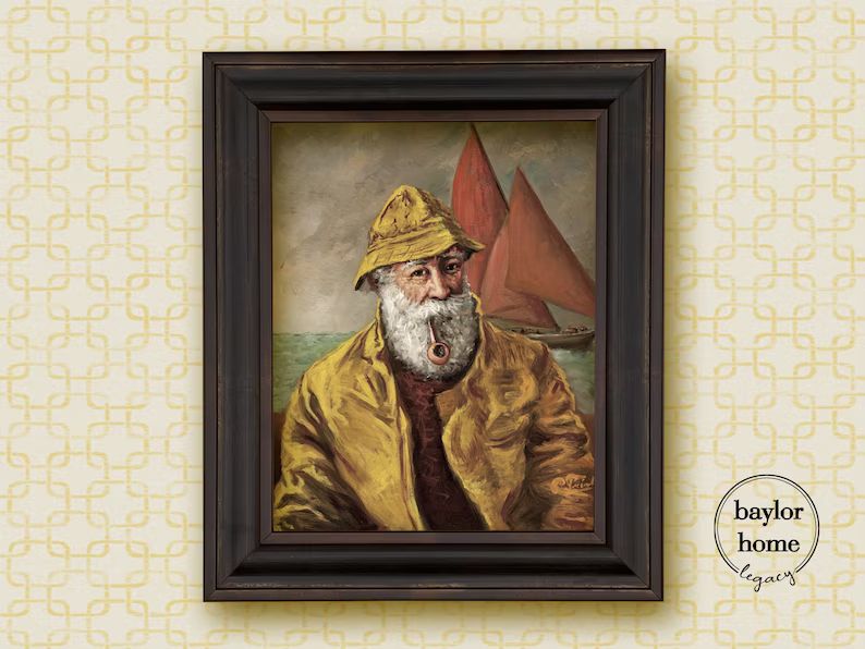 Framed Portrait of Sea Captain With Sail Boat, Old Salt Oil Painting Print on Canvas, Vintage Nau... | Etsy (US)