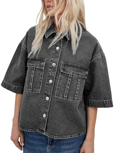Imily Bela Womens Oversized Short Sleeve Denim Jackets Trendy Cropped Jean Tops Shackets | Amazon (US)