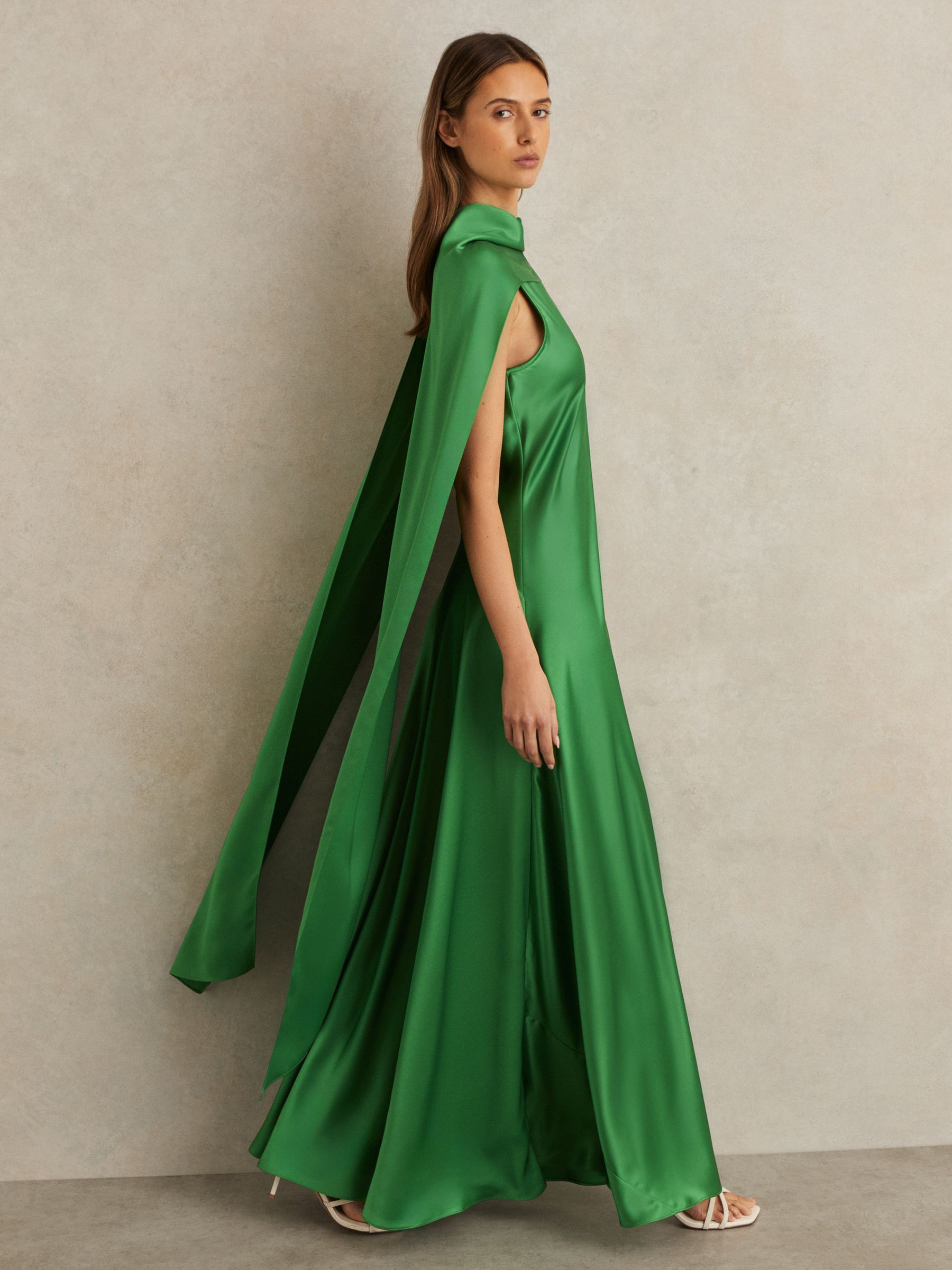 Reiss Petite Satin Cape Maxi Dress in Green | REISS | Reiss US