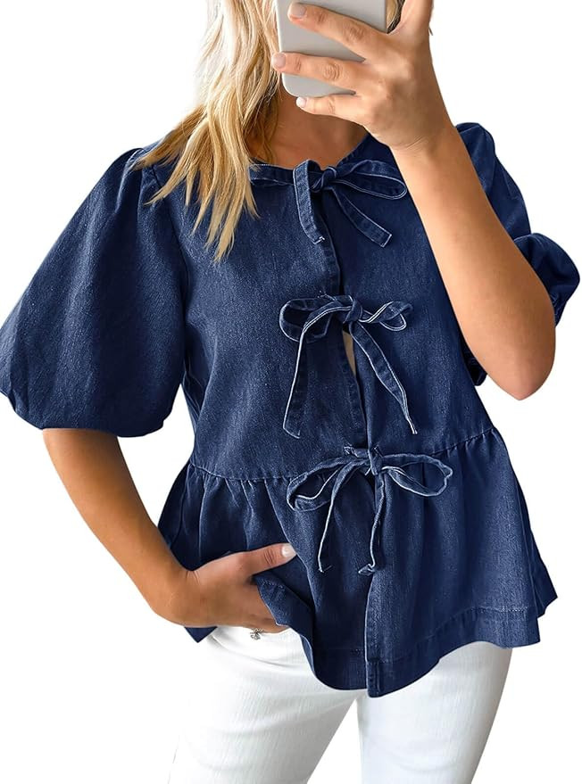 Tankaneo Womens Denim Tie Front Tops Babydoll Peplum Puff Sleeve Jean Shirts Crew Neck Summer Cas... | Amazon (US)