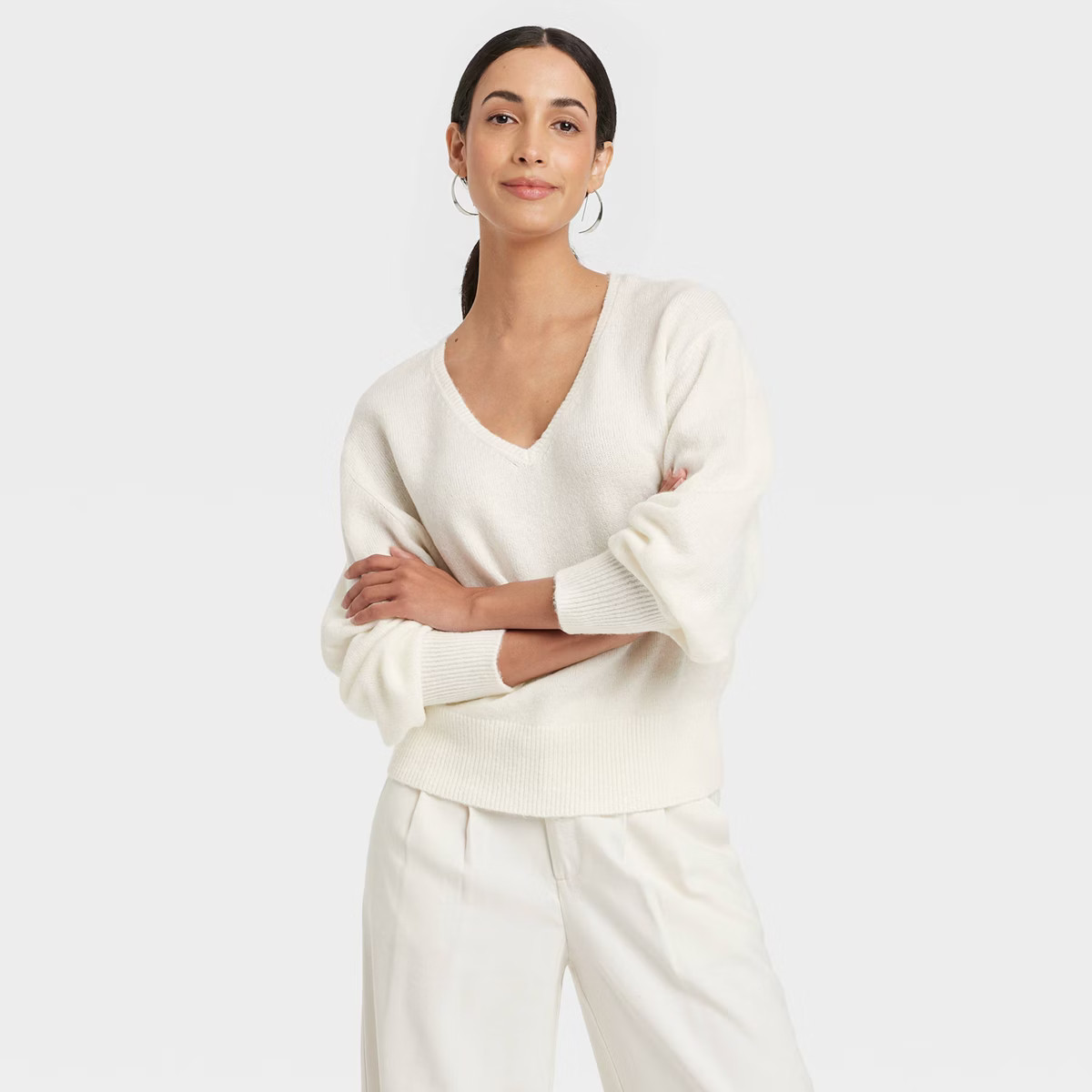 Women's Cozy Knit V-Neck Pullover Sweater - A New Day™ Cream M | Target