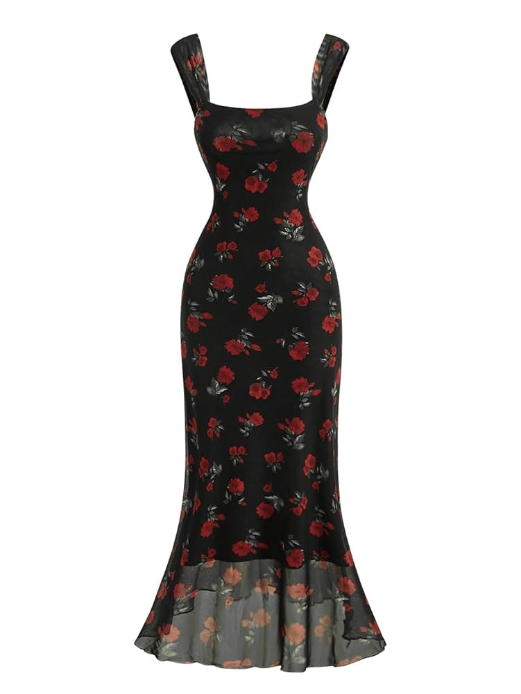 Floerns Women's Rose Floral Print Mesh Midi Dress Fishtail Hem Vacation Bodycon Dresses | Amazon (US)