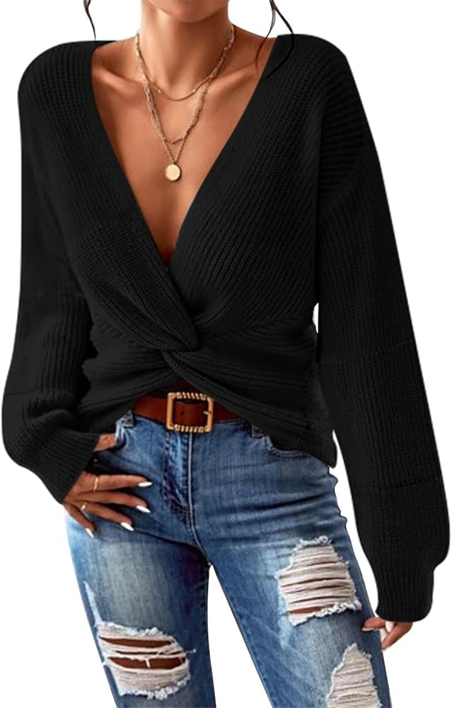 Pink Queen Women's 2025 Casual Pullover Sweaters Sexy V Neck Long Sleeve Twist Knot Cropped Knit ... | Amazon (US)