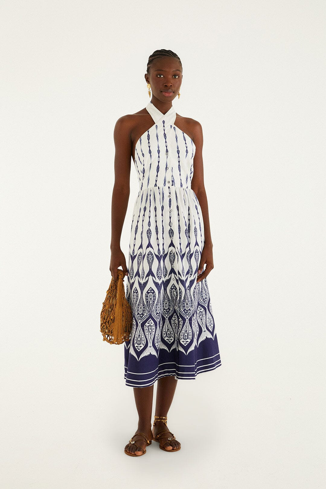 Off-White Fishes Flow Halter Neck Lenzing Ecovero Euroflax Midi Dress | FARM Rio | FarmRio (US)