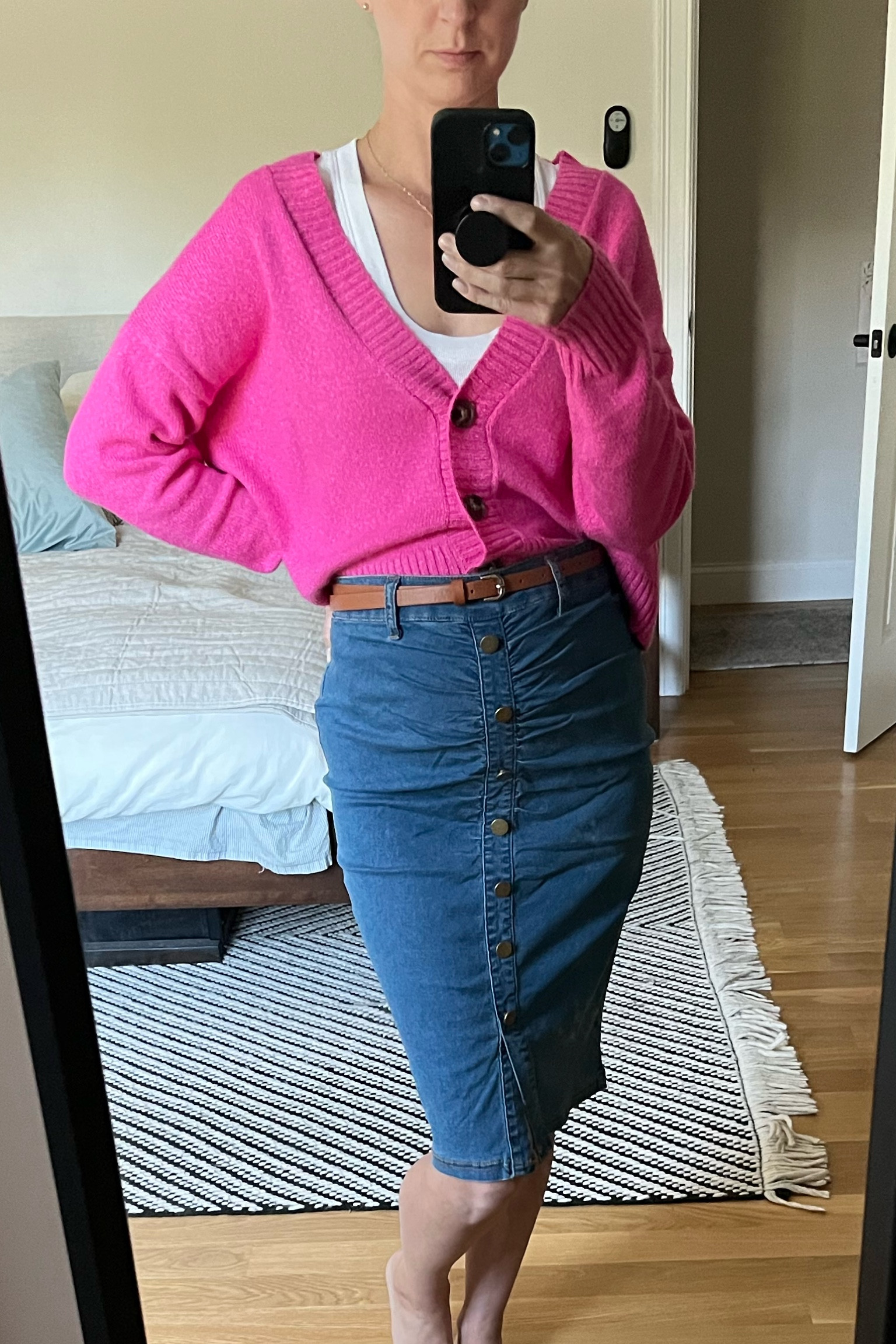 Jean pencil skirt with belt and pink cropped sweater 

#LTKSeasonal #LTKstyletip #LTKfindsunder50