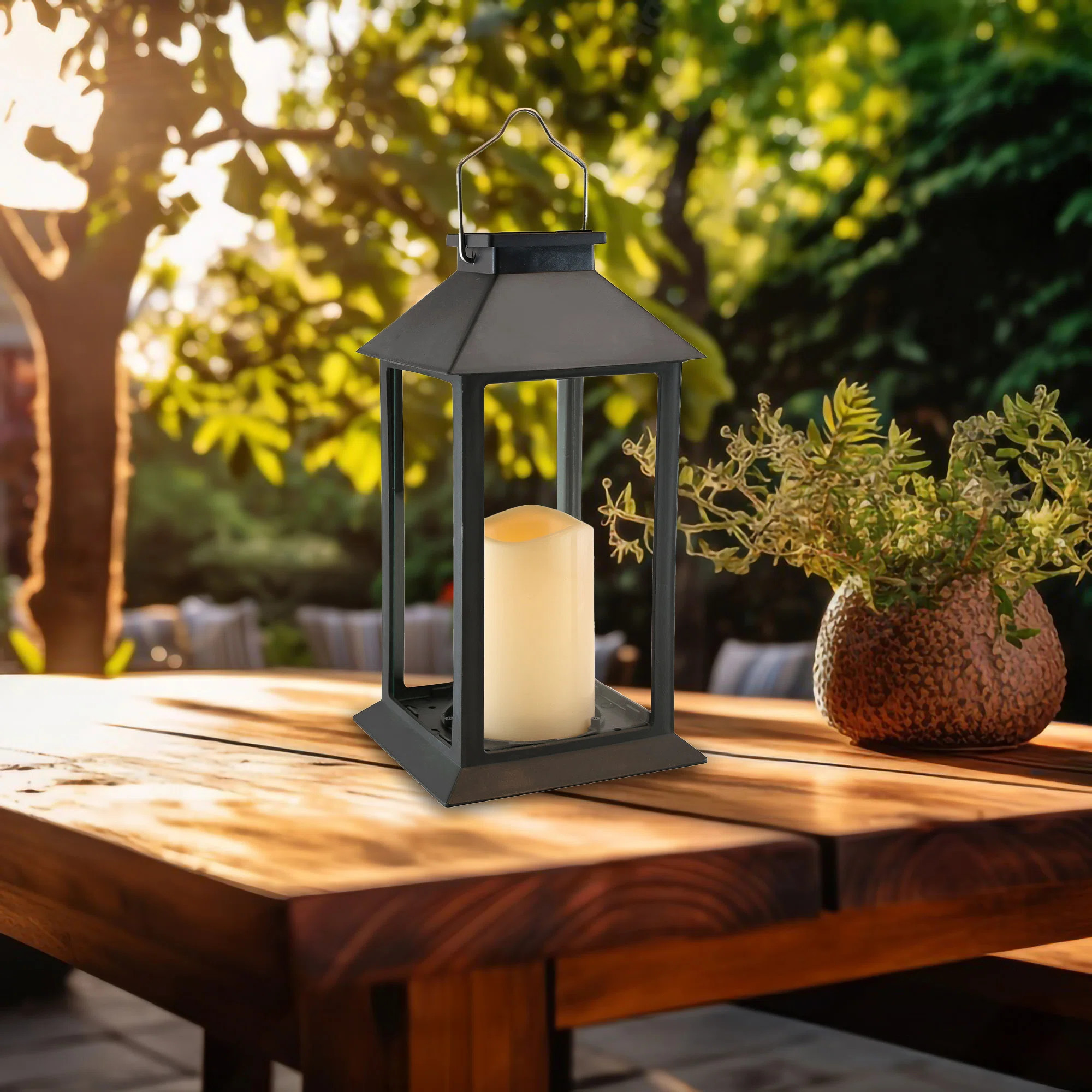 Traditional Black Solar Powered Lantern with LED Candle | Wayfair North America