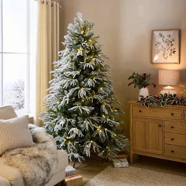 7ft Pre-lit Flocked Downswept Christmas Tree | Dunelm