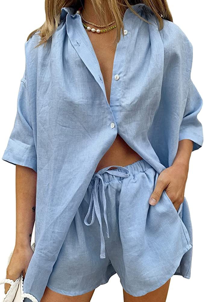 Fixmatti Women 2 Piece Outfit Summer Short Sleeve Top and Shorts Sweatsuit Set | Amazon (US)