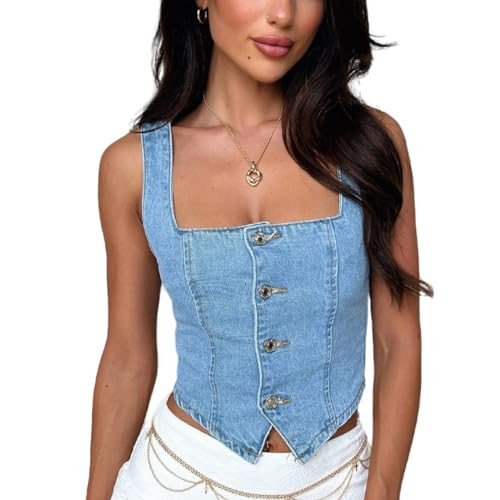 Women Denim Vest Sleeveless Tank Crop Tops Y2k Low Cut Backless Button Down Summer Vest Club Party Going Out Top (B Blue, L) | Amazon (US)