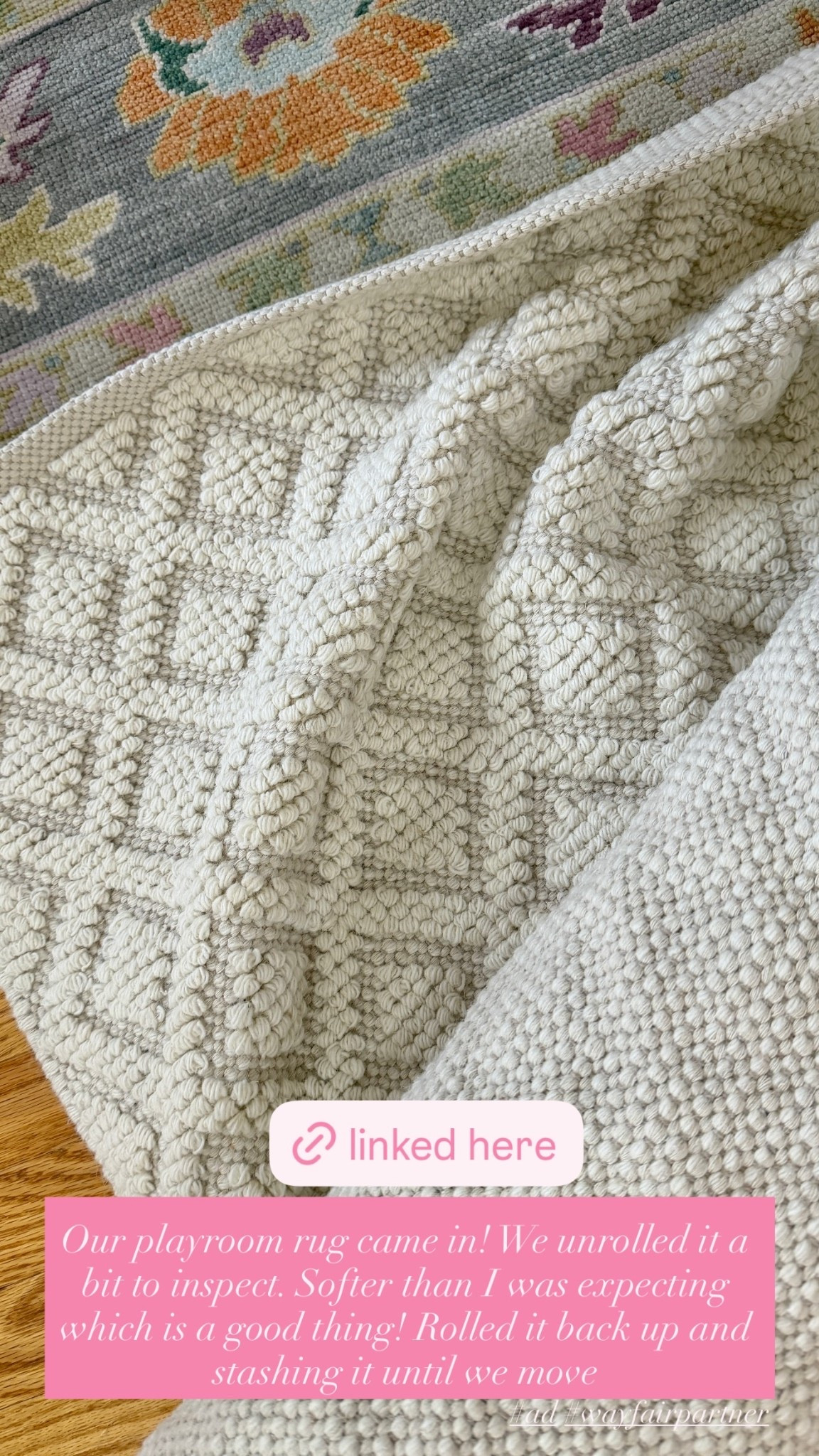 Our playroom rug came in! We unrolled it a bit to inspect. Softer than I was expecting which is a good thing! Rolled it back up and stashing it until we move  #ad #wayfairpartner